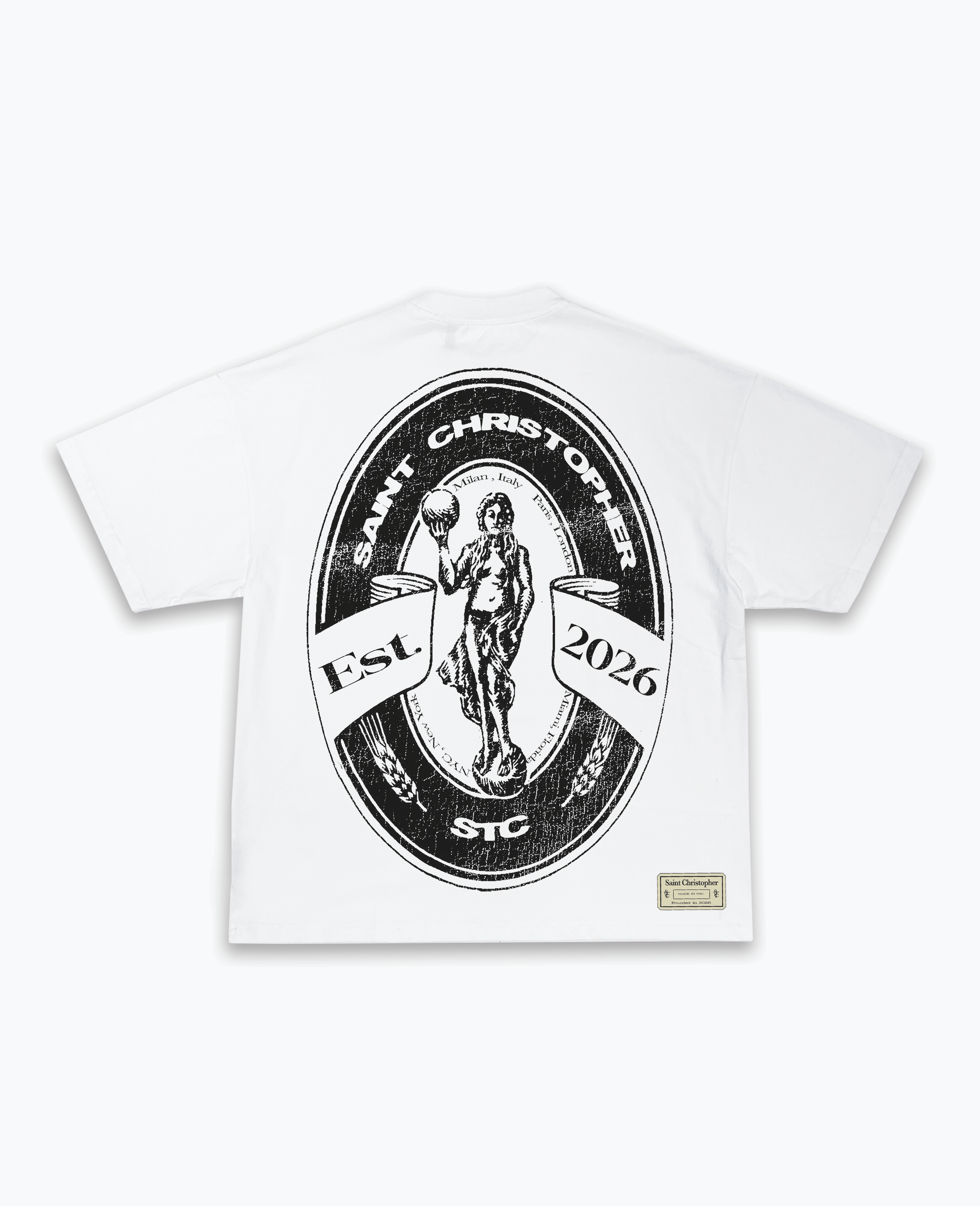 St.Chris World Statue Graphic T-Shirt – White